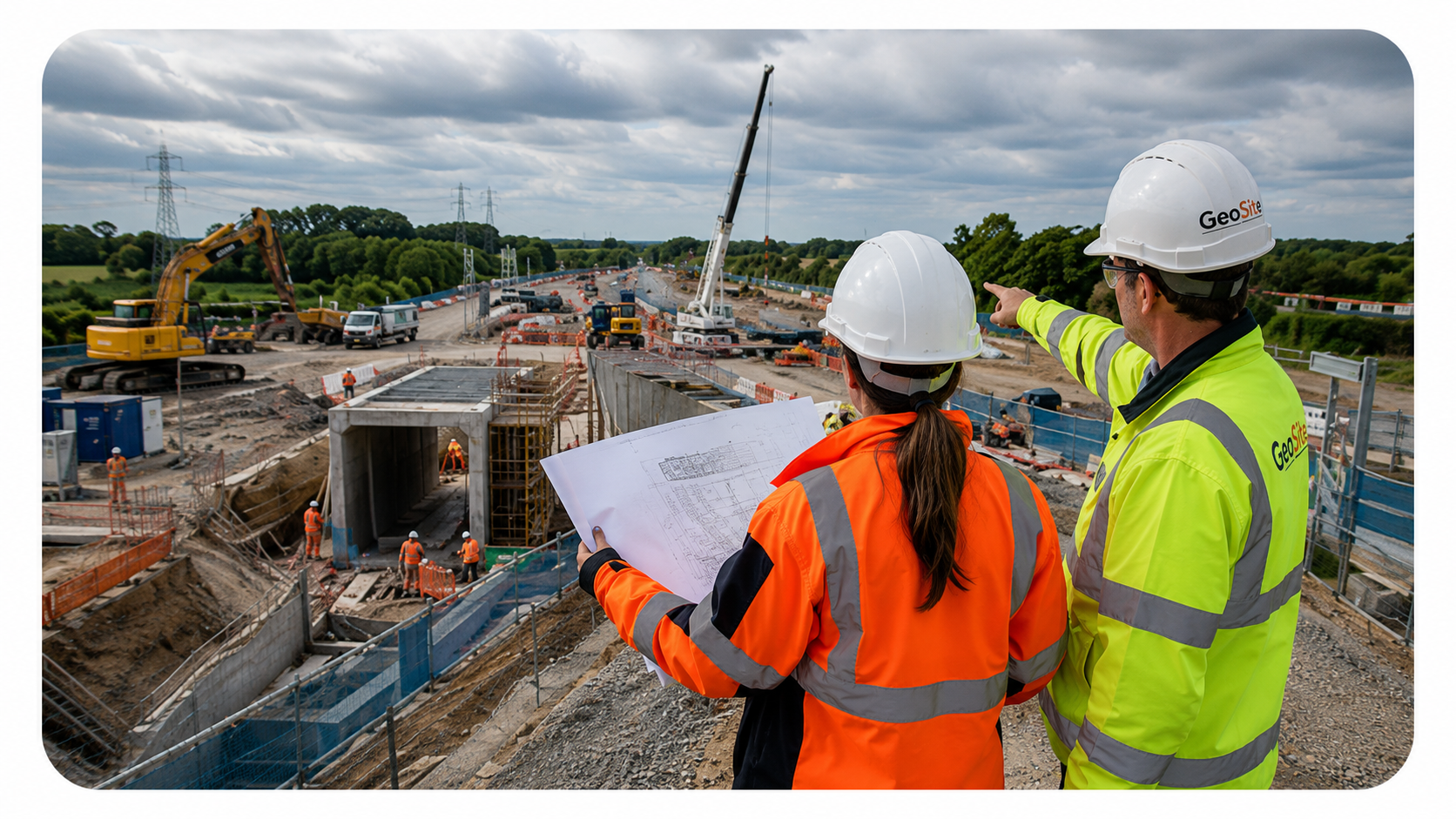 GeoSite Engineering site managers reviewing construction works and technical drawings on a major civil engineering project.